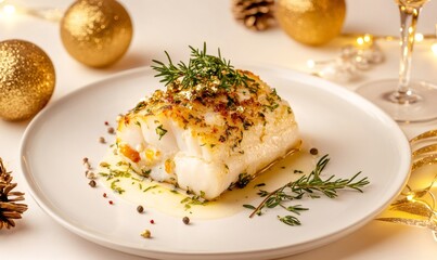 Gourmet cod fish fillet serving fine dining style with rosemary, gold leaf, and festive christmas decorations