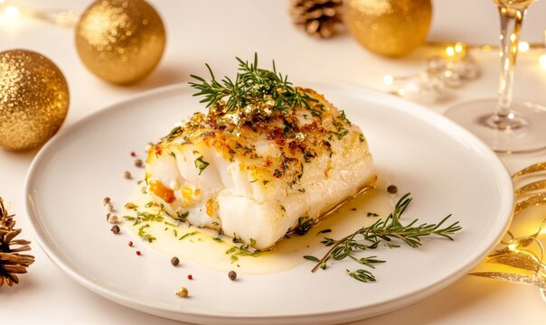 Gourmet cod fish fillet serving fine dining style with rosemary, gold leaf, and festive christmas decorations