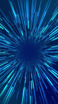 Digital lights, neon glowing rays in motion into digital technology tunnels. Blue laser light burst motion. Long exposure time warp speed Lights lines Blue background zoom in. . Intro and transition.