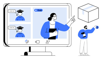 Teacher pointing during live video session with students wearing graduate caps, large monitor, book, box, and man holding tablet. Ideal for education, e-learning, webinars, virtual training