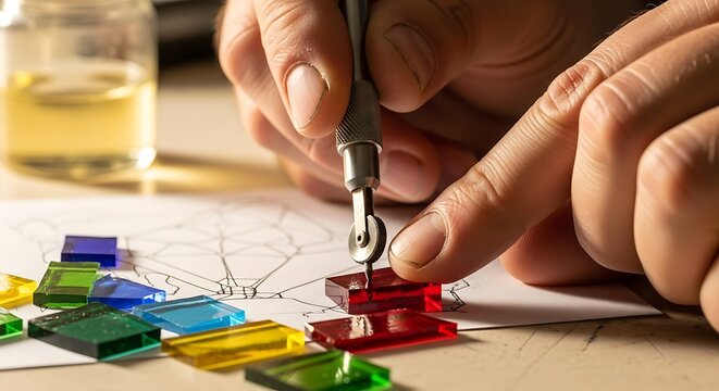 Crafting stained glass artistry detailed process of cutting colorful pieces and create a design - Powered by Adobe