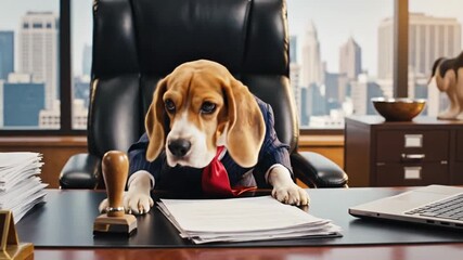 Humorous office scene featuring a family dog dressed in a suit and tie, working at a desk, highlighting pets in corporate environments and playful business-themed imagery