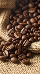Freshly roasted coffee beans spilling from a burlap sack. Ideal for food, beverage, and cafe themes, showcasing aroma and quality.