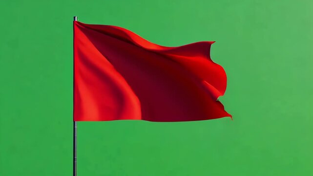 A vibrant red flag waves against a green screen backdrop, symbolizing power.