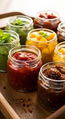 Colorful assorted sauces in glass jars on wooden tray. Variety of homemade dips and spreads for gourmet food photography.