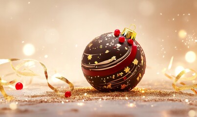 Christmas chocolate sphere decorated with gold leaf flakes and red berries, resting on sparkling glitter with golden ribbons
