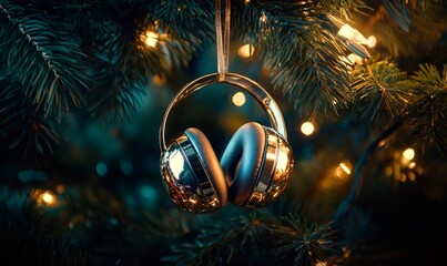 Headphones hanging on a decorated fir tree branch with twinkling lights, representing christmas music and holiday gifts