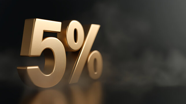 A golden '5%' symbol is displayed against a dark background, representing a discount or financial rate. The lighting emphasizes the metallic texture of the characters.