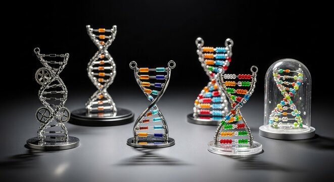 A collection of artistic DNA double helix models displayed on a reflective surface with a dark background.
