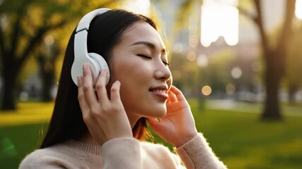 Asian woman enjoying music with wireless headphones in sunny park. Relaxed listening moment during golden hour. Cinematic closeup footage of joyful outdoor audio relaxation.