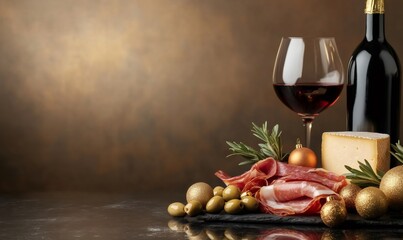 Festive table arrangement featuring an assortment of red wine, cheese, cured meats, olives, and rosemary sprigs with golden ornaments