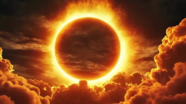 Dramatic solar eclipse with fiery corona and cloudscape. Powerful and celestial.