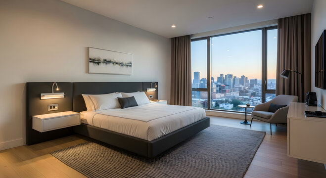 Luxurious hotel room with a king size bed and stunning city skyline view at sunset - Powered by Adobe