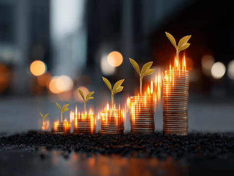 Stacks of coins with growing plants symbolize financial growth and investment success, enhanced by glowing overlays