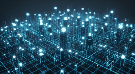 Dynamic futuristic network grid illuminating a digital landscape with shimmering blue light points, symbolizing global data connection and modern technological infrastructure