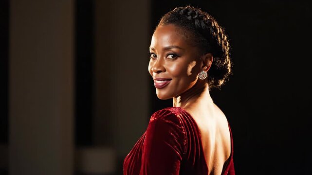 Elegant African American woman in red velvet dress turns to smile confidently over shoulder. Cinematic medium shot portrait capturing poised beauty and grace in fashion footage.