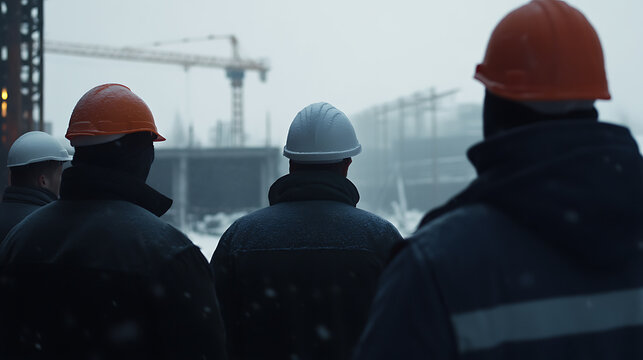A group of construction workers wearing hard hats stand against the backdrop of a construction site on a snowy day. The construction crew is seen observing the site.