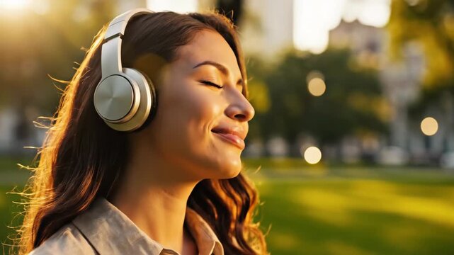 Woman wearing headphones listens to music outdoors in golden hour. Relaxed smile with eyes closed in park setting near buildings. Cinematic closeup footage of peaceful relaxation moment.