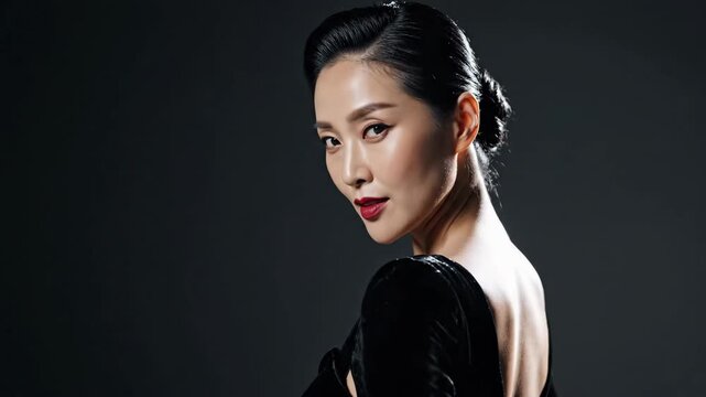 Asian woman in backless black velvet dress turning head elegantly. Sophisticated pose with bun hairstyle from behind. Fashion beauty concept in cinematic medium shot footage.