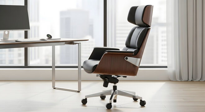Modern ergonomic office chair with adjustable headrest and armrests next to a desk with a computer monitor