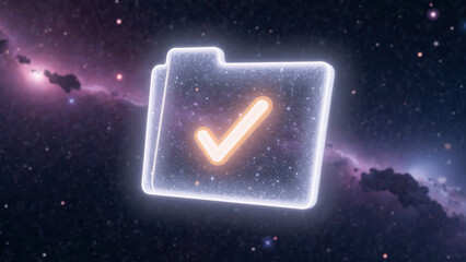 Glowing folder icon with check mark in cosmic background, symbolizing organization and approval in digital space