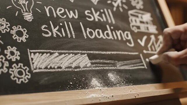Creative chalkboard design showing a skill progress bar surrounded by sketches and icons, symbolizing knowledge acquisition, learning journey, and self-improvement in an engaging visual style