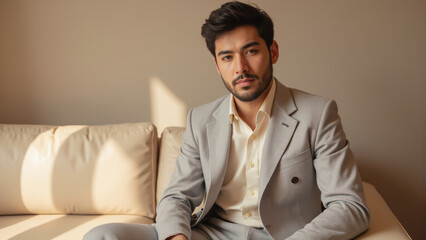 Elegant man in tailored suit sitting on sofa, showcasing confidence and style in modern interior