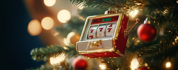Slot machine ornament hanging on a festive christmas tree, symbolizing holiday luck, gambling and winning during the celebration season