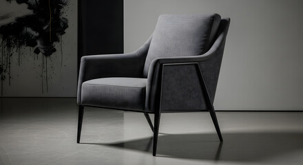 Elegant modern armchair with unique patterned upholstery and sleek metal frame in a dimly lit room
