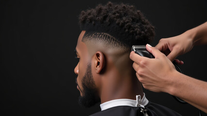 Professional barber performing stylish haircut on man with textured hair, showcasing precision and skill in grooming