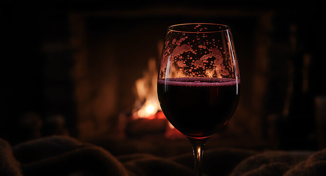 Red grape juice in the glass wine with blurry night furnace in the cozy cottage