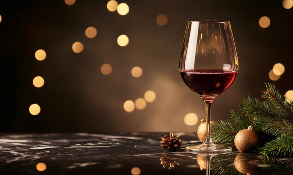 Red wine glass standing on a dark marble surface, surrounded by festive ornaments and pine branches with bokeh lights