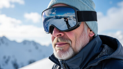 Man wearing ski goggles stands against snowy mountain backdrop, reflecting stunning landscape in his eyewear