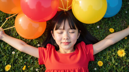 Joyful child lies green grass, surrounded by colorful balloons, enjoying sunny day. vibrant colors and cheerful expression create playful