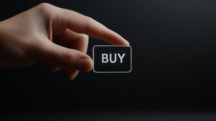 The act of purchasing is now at your fingertips. A 'BUY' button held by a hand is shown. It's a direct invitation to acquire and engage with something new, all set against a dark backdrop.