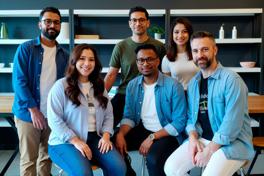 Group of six young adult and middle aged multiethnic men and women smiling and posing together in modern office setting, some standing and some sitting, looking at camera