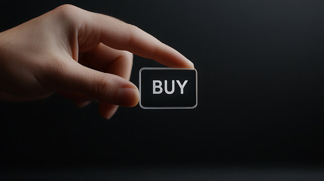 The act of purchasing is now at your fingertips. A 'BUY' button held by a hand is shown. It's a direct invitation to acquire and engage with something new, all set against a dark backdrop.