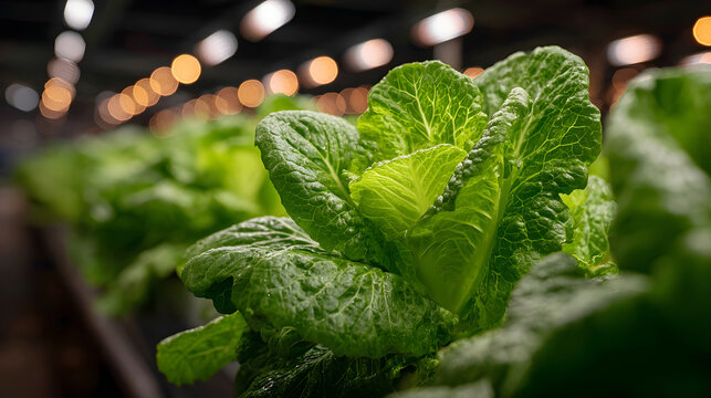 Lush green lettuce growing in indoor hydroponic farm with LED grow lights, creating vibrant and sustainable environment for fresh produce