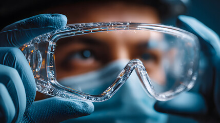 Fototapeta premium Person wearing mask and gloves holds up protective goggles, focusing intently. scene suggests medical or laboratory environment, emphasizing safety and precision