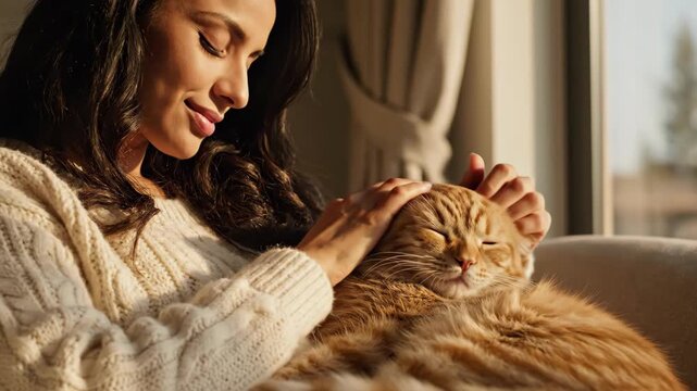 Woman affectionately petting orange cat in sunny living room. Tender human-feline bond captured in close-up. Cinematic profile shot footage of pet interaction at home.