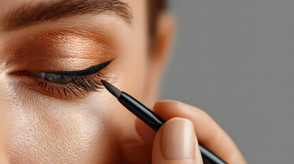 Close up of person applying eyeliner with brush, showcasing precise makeup application and shimmering eyeshadow. focus is on eye and hand, highlighting beauty and cosmetics