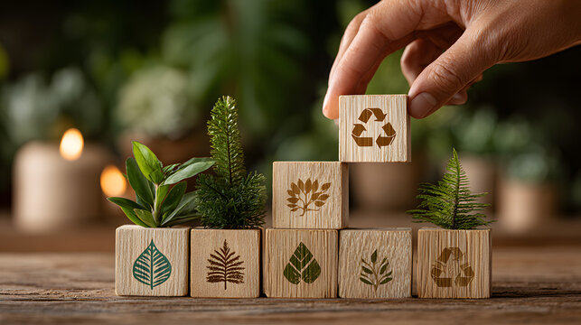Wooden blocks with eco friendly symbols and plants convey sustainable lifestyle. hand adjusts block with recycling symbol, emphasizing environmental awareness and green living