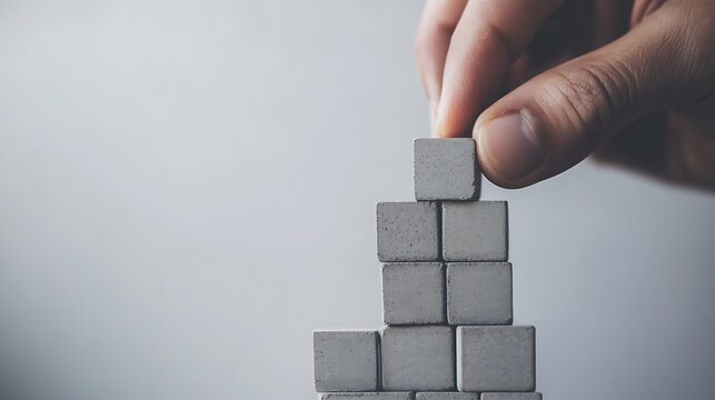 Building blocks to success. A hand places a stone block atop a pyramid of blocks, symbolizing growth, strategy, and a steady building process, all set against a plain backdrop.