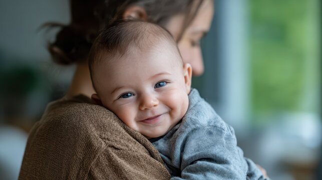 Smiling baby resting on mother shoulder in soft natural light, showing warmth, love, and emotional connection, symbolizing parenthood, trust, and happy family moments