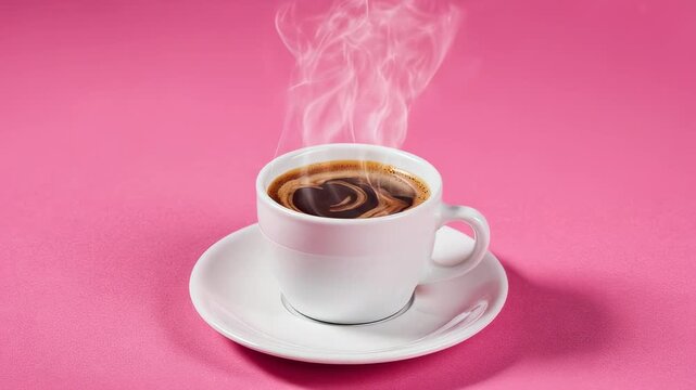 A steaming cup of dark coffee sits on a white saucer against a pink background