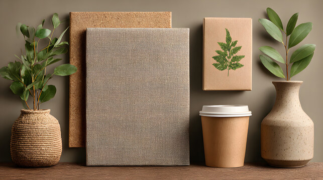 Eco friendly display featuring recyclable materials, including cardboard cup, textured canvases, and potted plants, promoting sustainable living. Natural tones create calming atmosphere