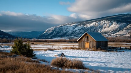 Rustic wooden barn standing in open snowy field surrounded by dry grass and distant mountains under dramatic winter sky, capturing peaceful rural landscape in cold morning light