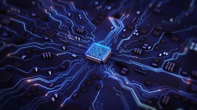 Advanced Chip Activates Circuit Board. Digital pulses and signals from the chip propagate through the motherboard. Appearing of Futuristic High Performance GPU Chip for Artificial Intelligence Compute