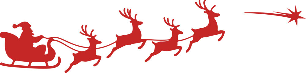 Red silhouette vector icon of Santa Claus on his sleigh pulled by flying reindeer with a shooting star. © Mau
