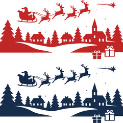 Vector silhouette Christmas scene set featuring Santa Claus on his sleigh pulled by flying reindeer over a snowy winter village with houses, pine trees, a church, and festive gifts. © Mau